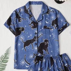 Blue black Cat graphic Print short sleeve lapel pajama Top